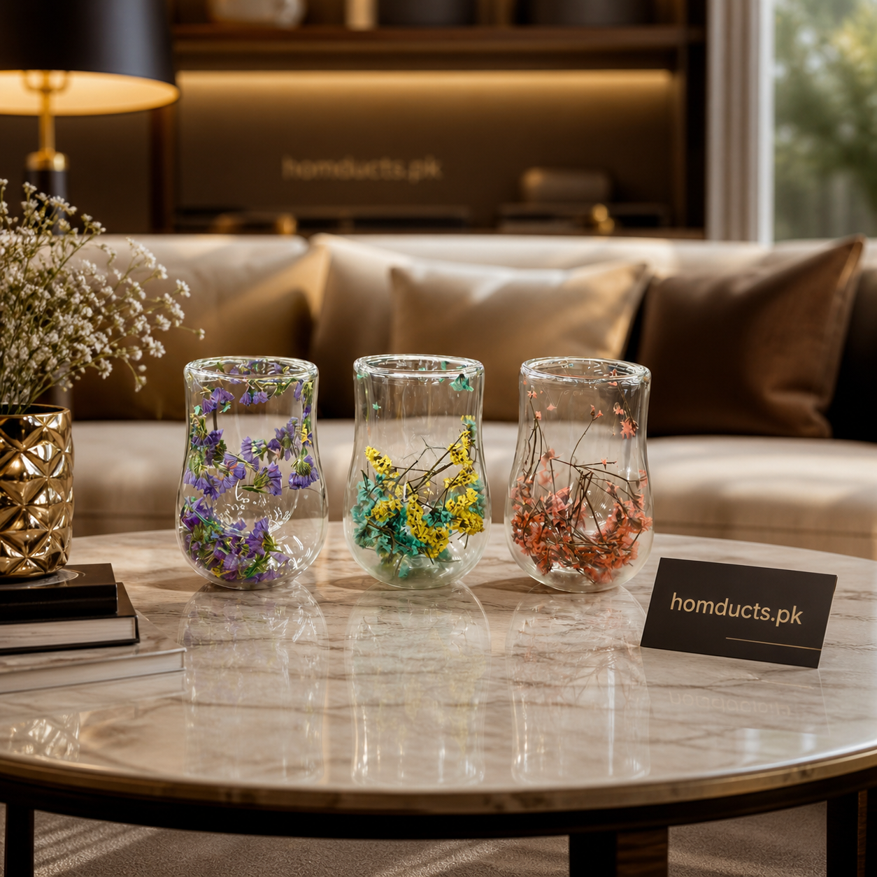 Elegant Double Wall Dried Flower Glass Tumbler – Premium Aesthetic Display (1 Pc)