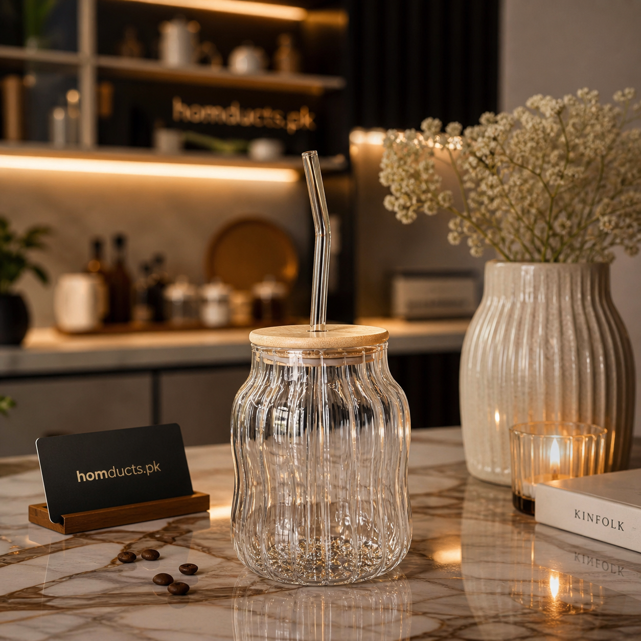 Premium Ribbed Glass Coffee Cup with Bamboo Lid & Straw – 450ml (1 Pc)