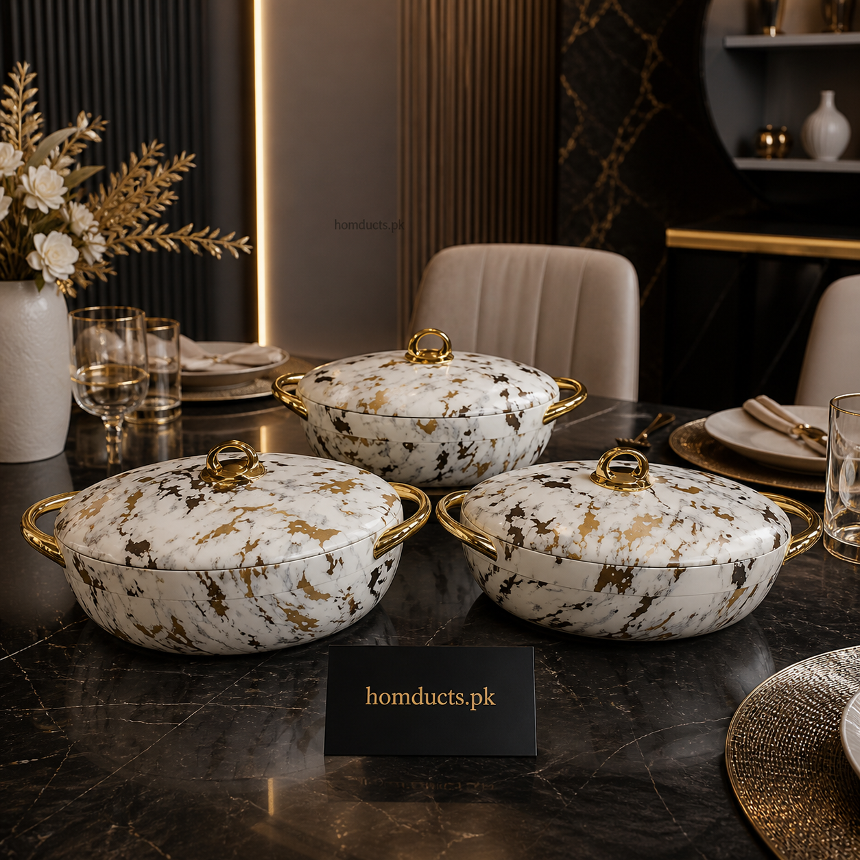 Luxury Marble Finish Hotpot Set with Lid – Premium Insulated Serving Hotpots (3 Pcs Set)