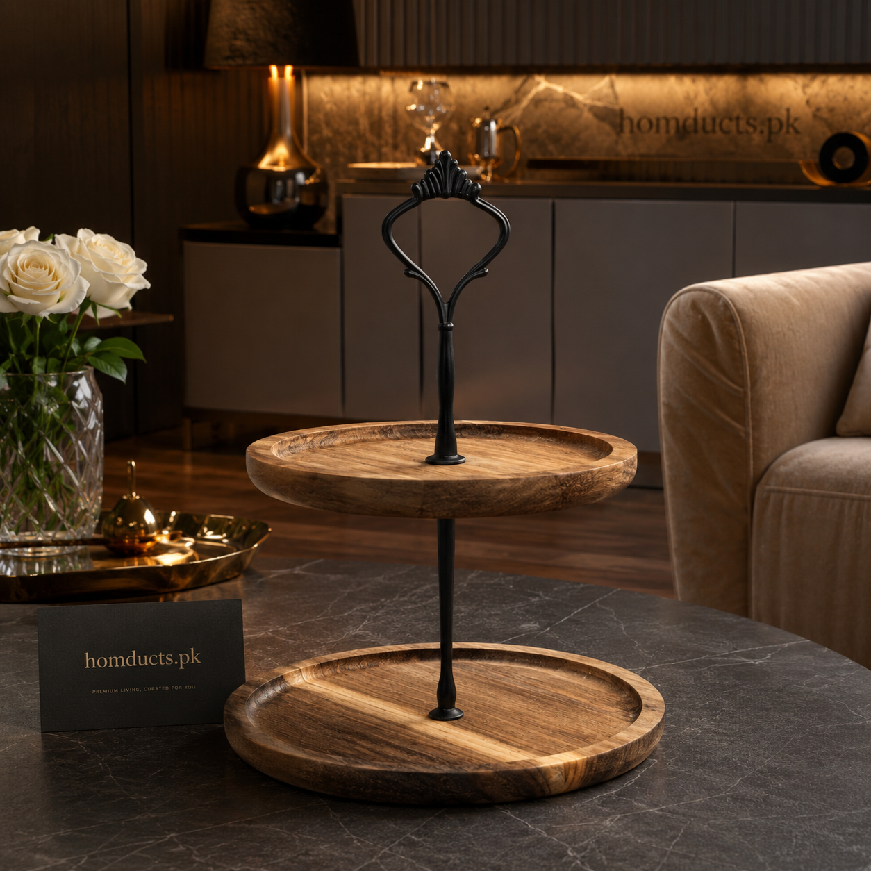 Luxury Wooden 2-Tier Serving Stand – Premium Dessert & Tea Time Display Tray