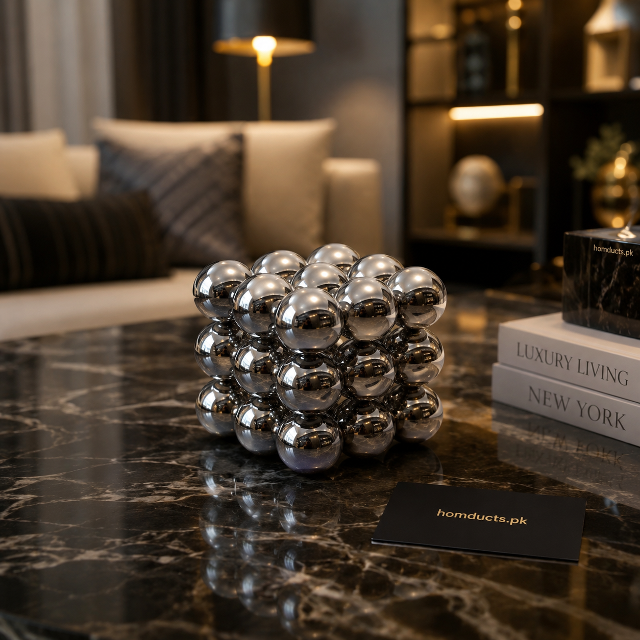 Luxury Modern Reflective Chrome Sphere Cube Sculpture Decorative Table Accent for Living Room Coffee Table Office Shelf Styling