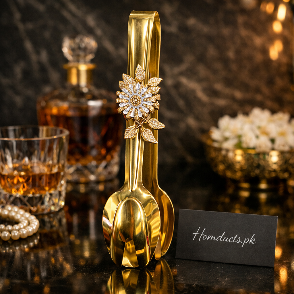 Luxury Golden Floral Serving Tongs – Premium Stainless Steel Dessert & Ice Tong (1 Pc)