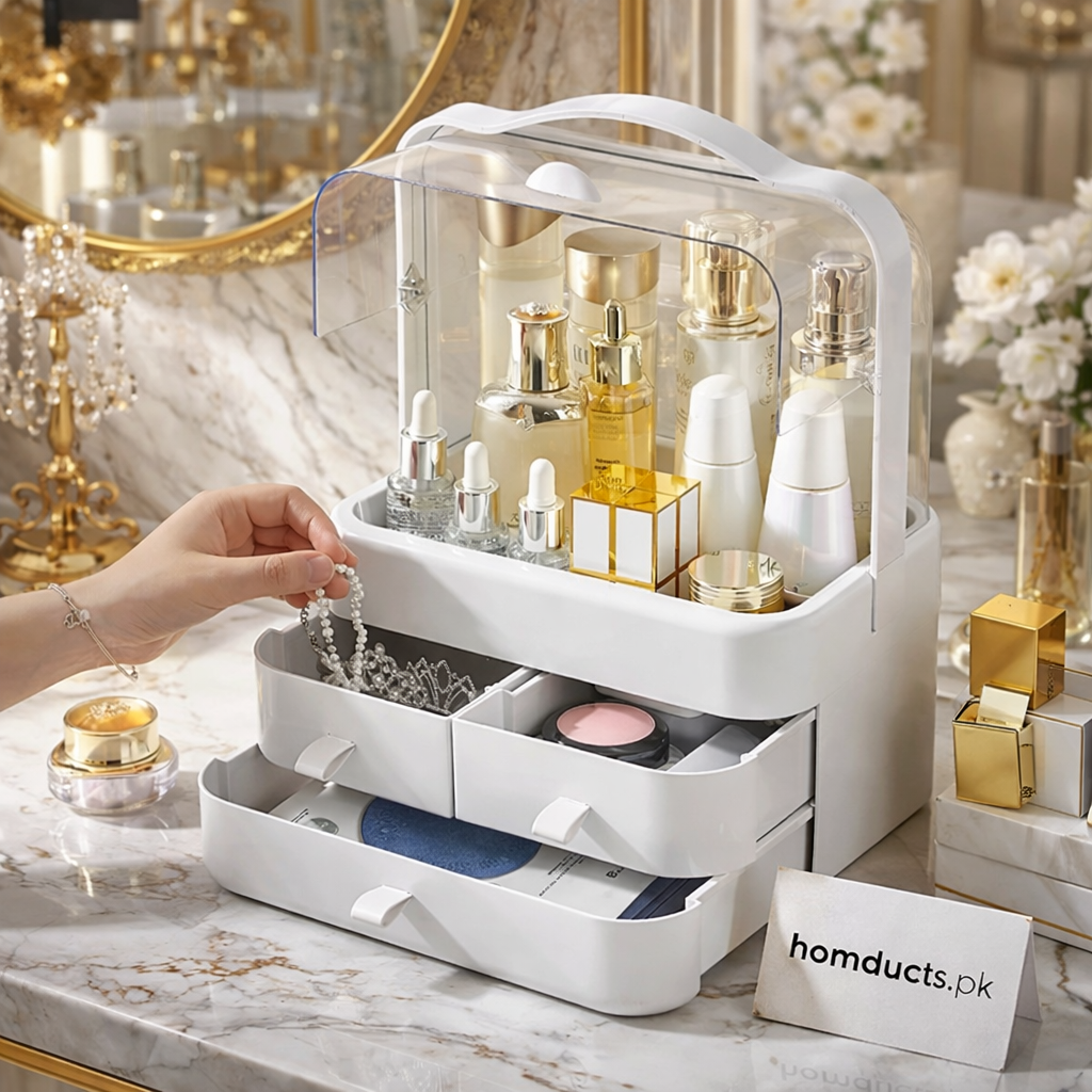 Cosmetic organizer with lower drawers opened to show accessory storage
