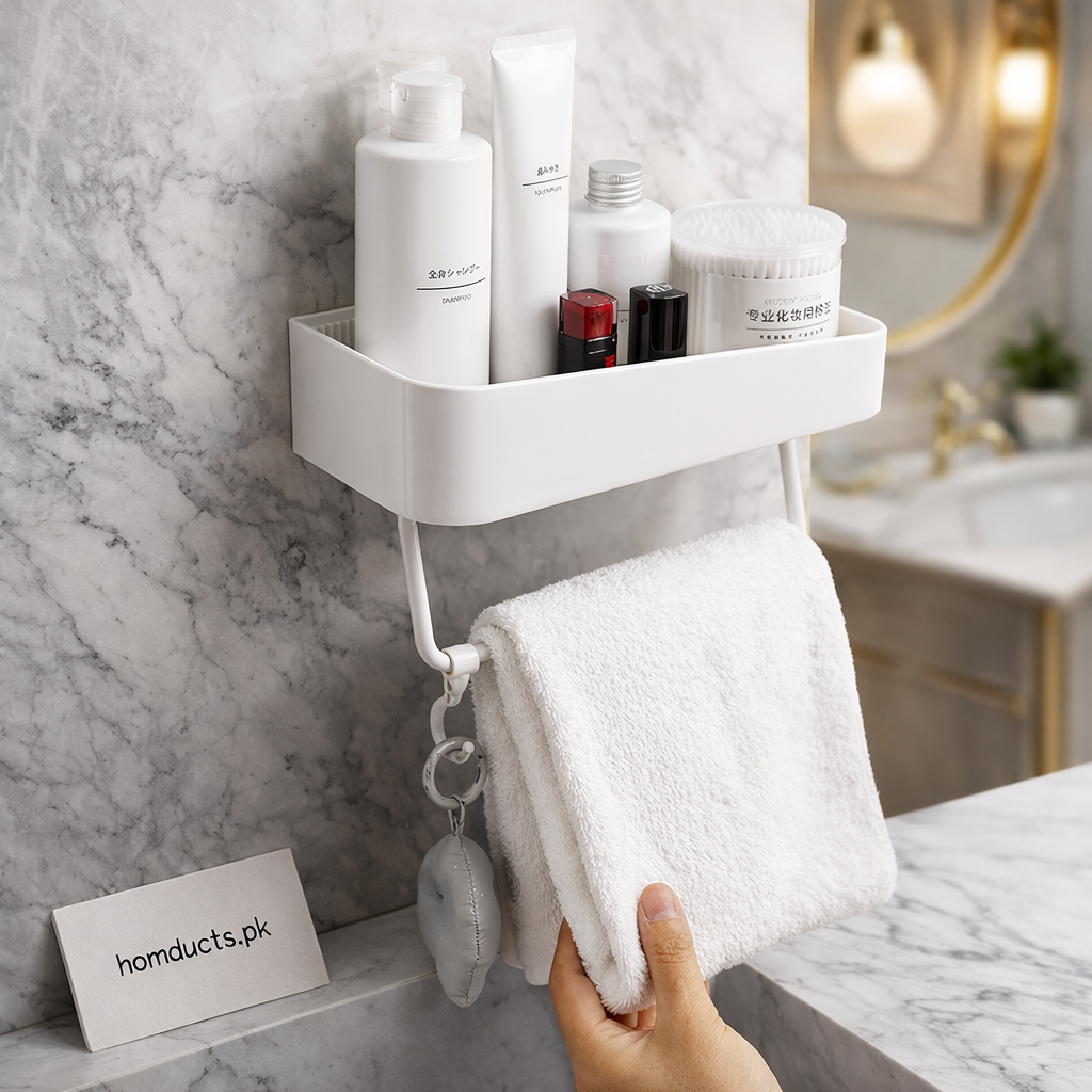 Luxury Wall-Mounted Bathroom Organizer Shelf with Towel Holder – Space-Saving Storage Rack