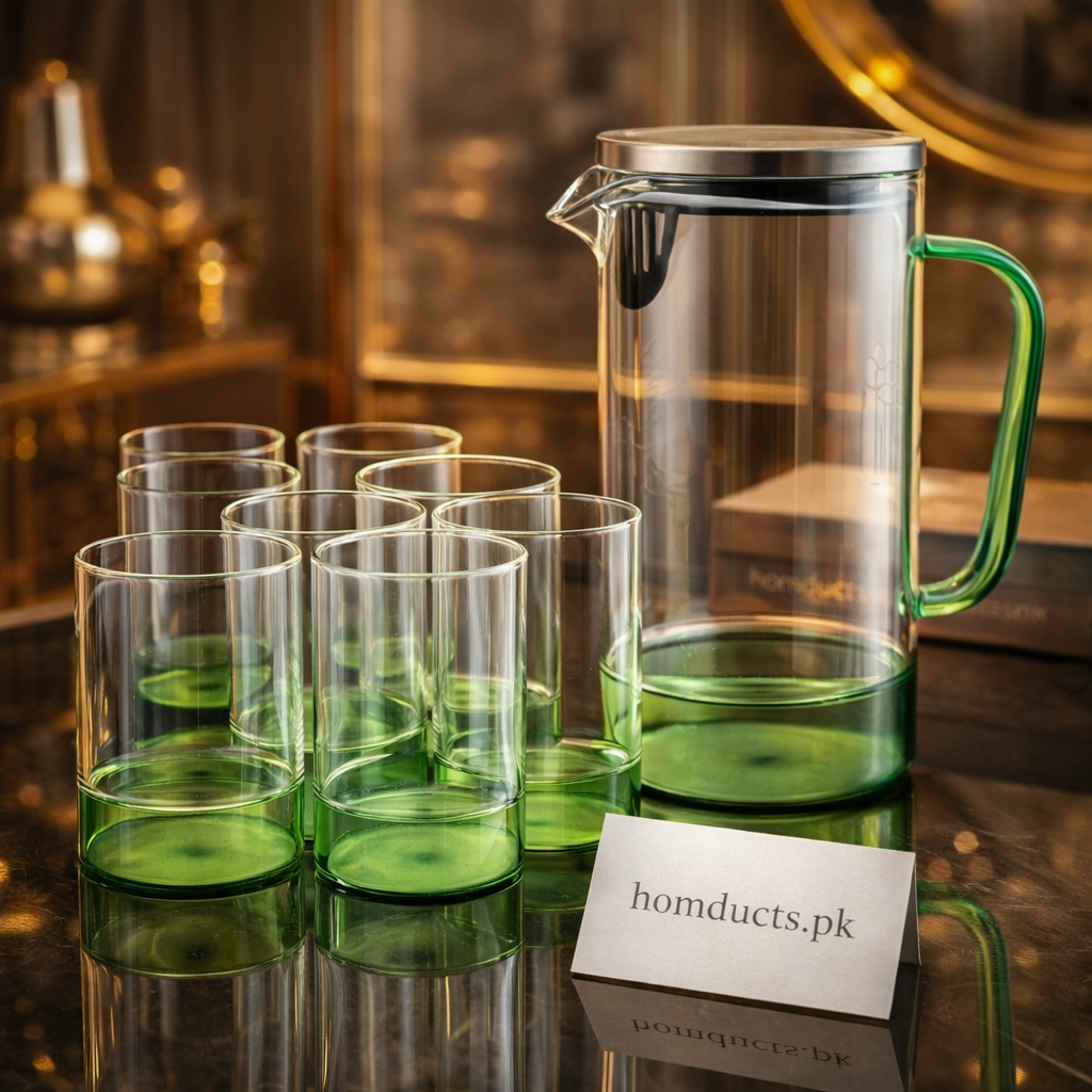 Luxury Green Glass Water Jug Set with 6 Drinking Glasses – Premium Elegant Drinkware Set (7 Pieces)