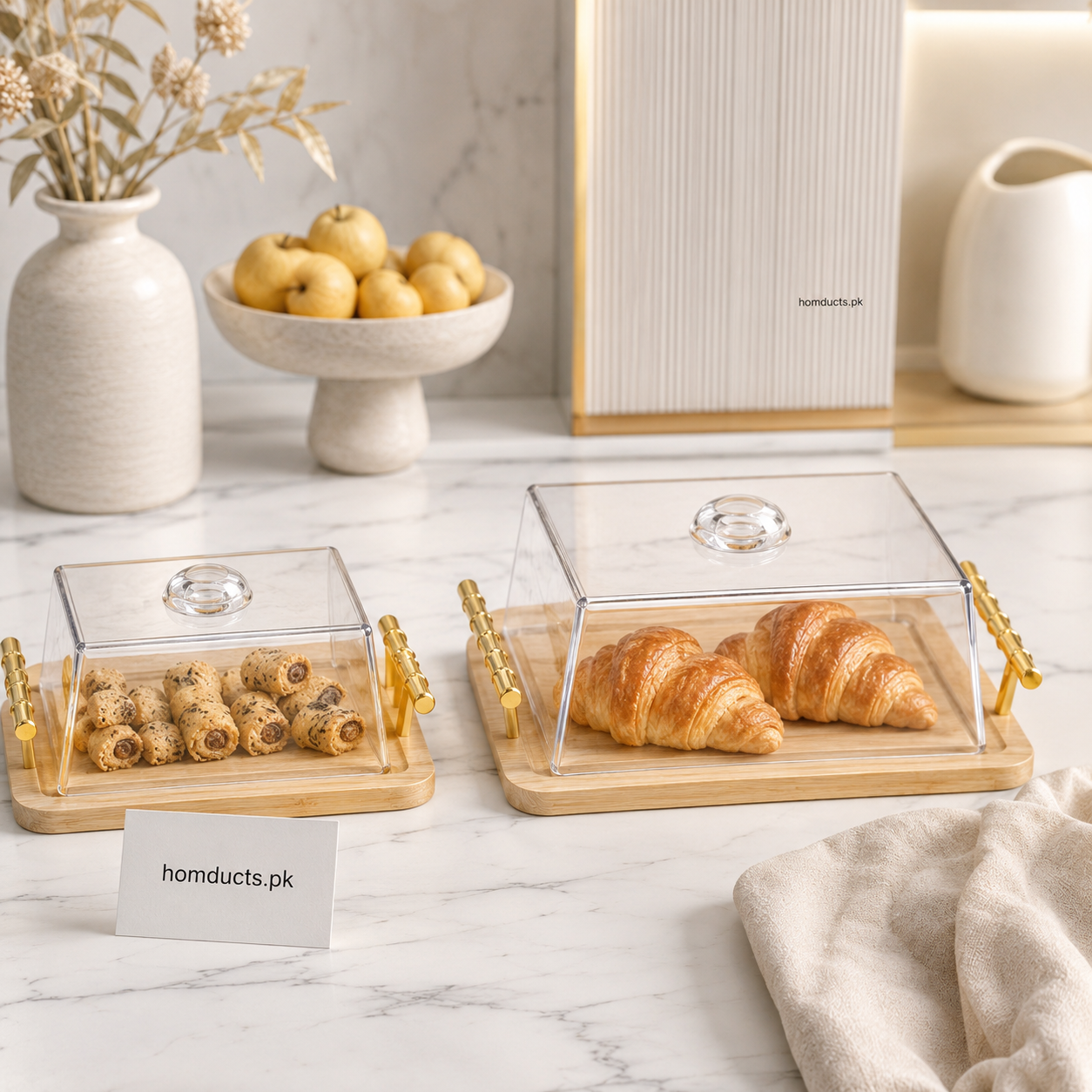 Premium Acrylic Cake & Pastry Storage Box with Bamboo Serving Tray – 1 Pc (Small & Medium)