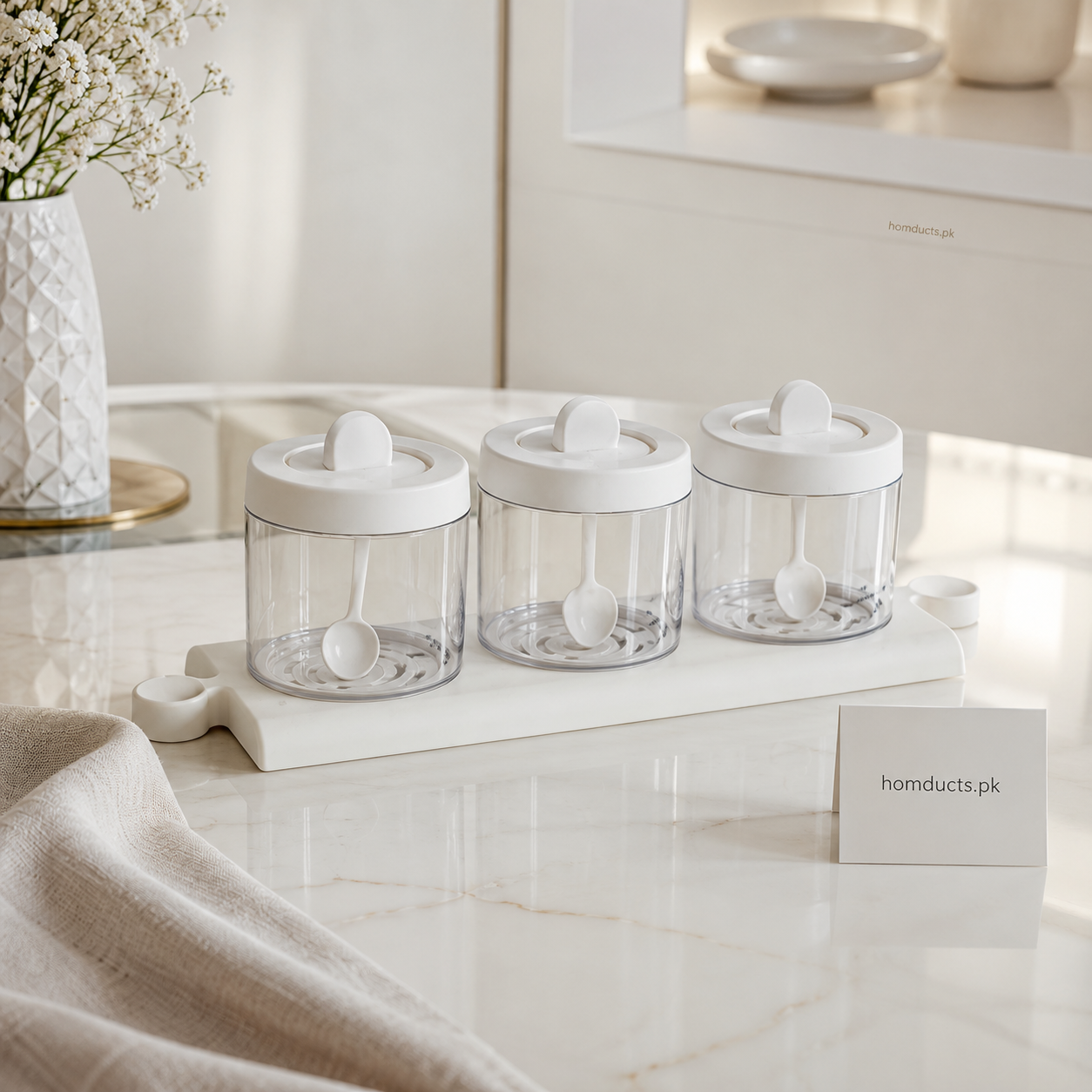 3-Piece Clear Spice Jar Set with Tray & Built-in Spoons | Modern Kitchen Seasoning Containers