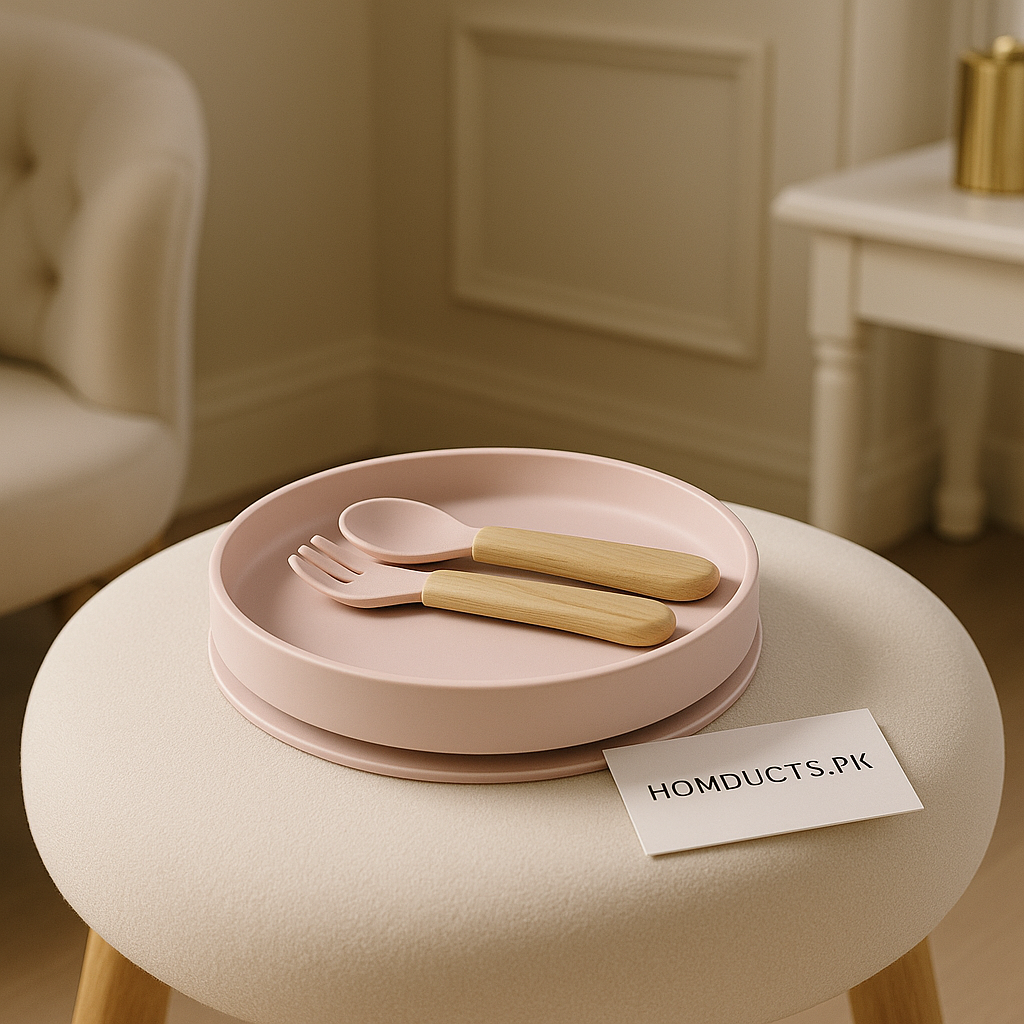 Luxury Pastel Pink Kids’ Dining Set – Silicone Plate with Spoon & Fork (Eco-Friendly, Non-Slip)