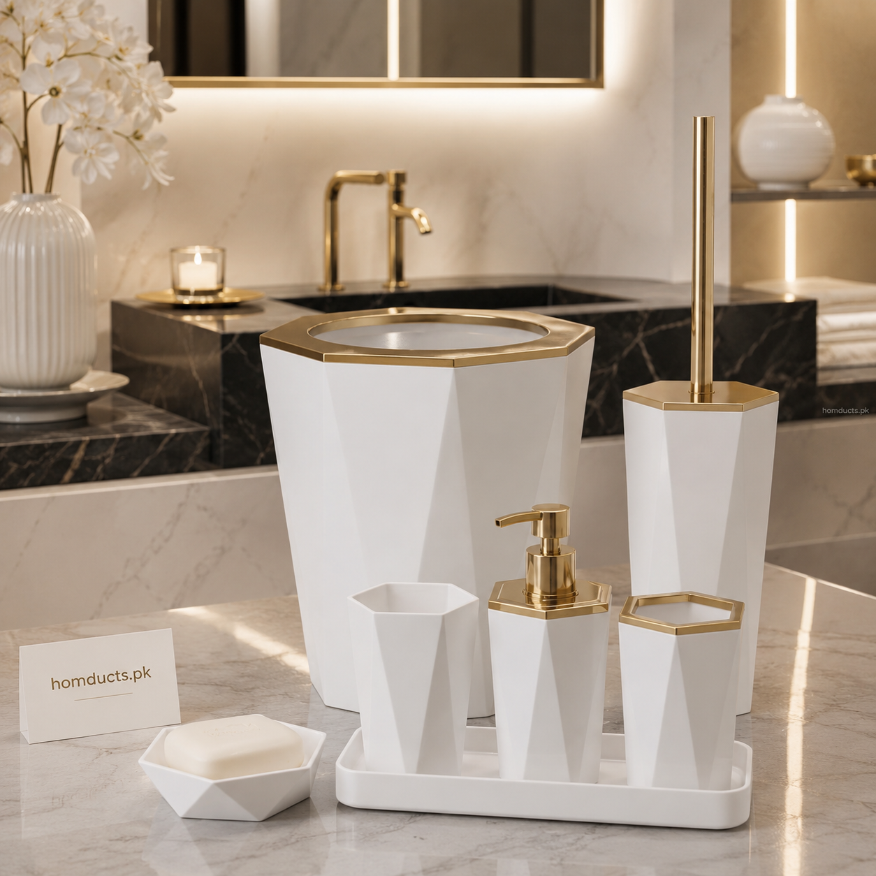 6-Piece Luxury Geometric Bathroom Accessories Set – White & Gold Resin Bath Set with Soap Dispenser, Trash Bin, Toilet Brush Holder & Tumbler