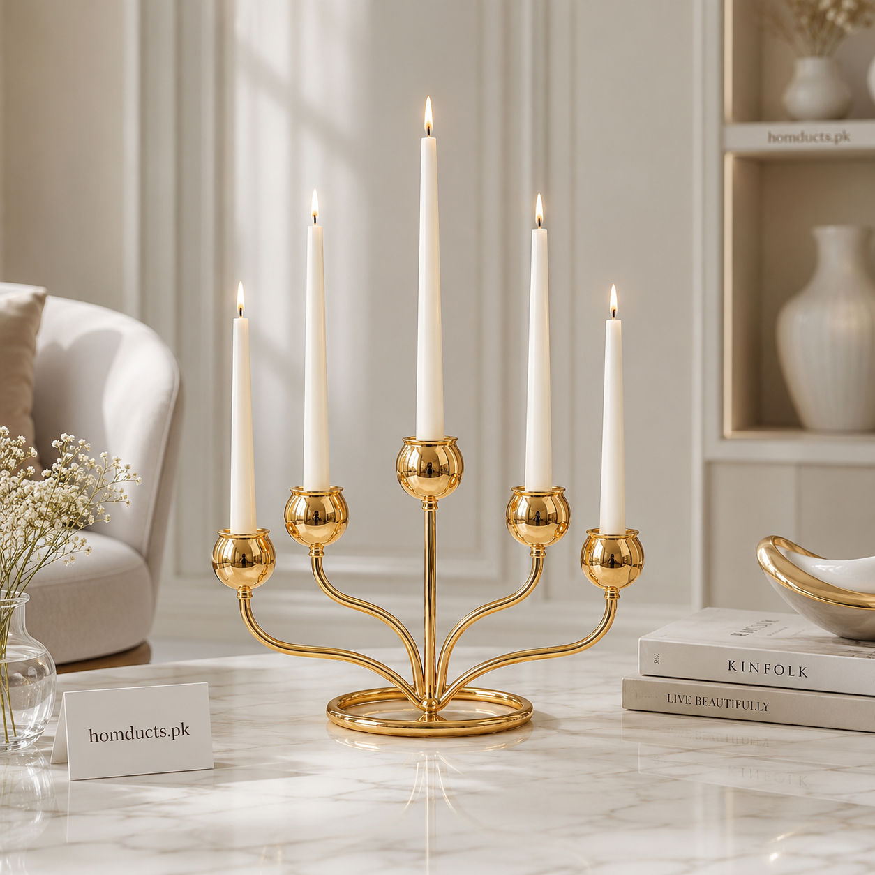 Luxury Gold 5-Arm Metal Candle Stand Holder | Elegant Tabletop Candelabra for Home Décor