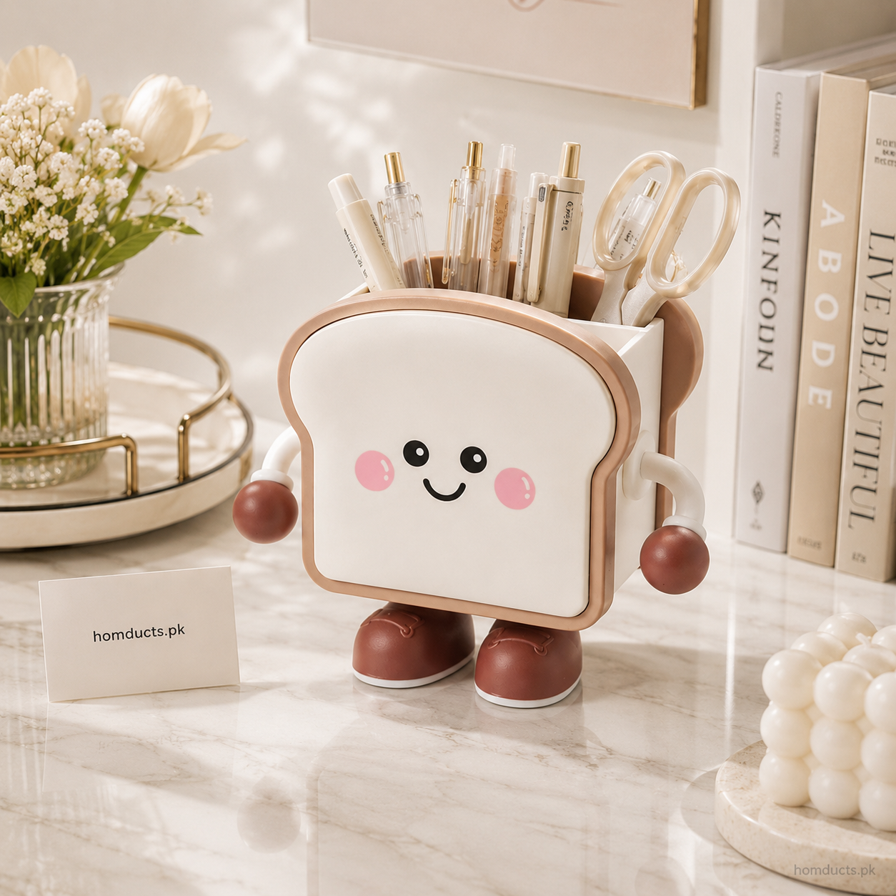 Cute Toast Desk Organizer Pen Holder | Kawaii Desktop Stationery Storage for Pens, Pencils & Office Supplies