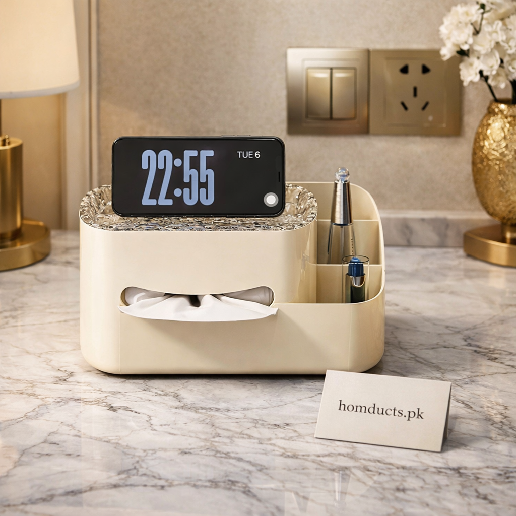 Luxury Tissue Box Organizer with Mobile Phone Stand & Storage Tray