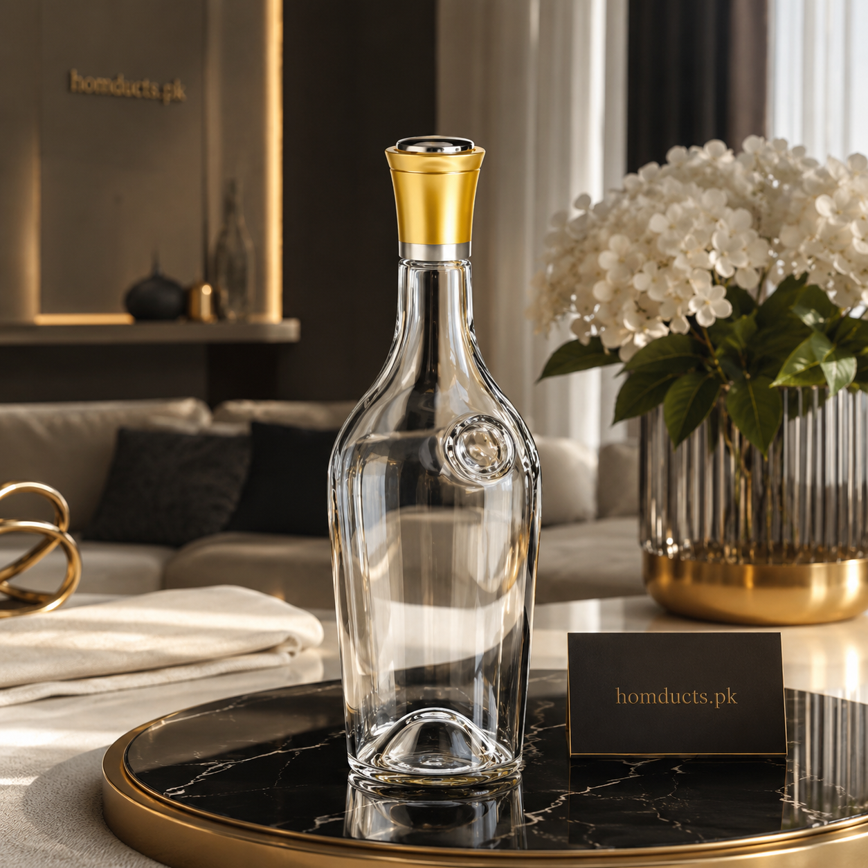Ziba Luxury Crystal Glass Decanter Bottle with Premium Gold Stopper – Elegant Beverage Serving Bottle for Modern Home & Dining
