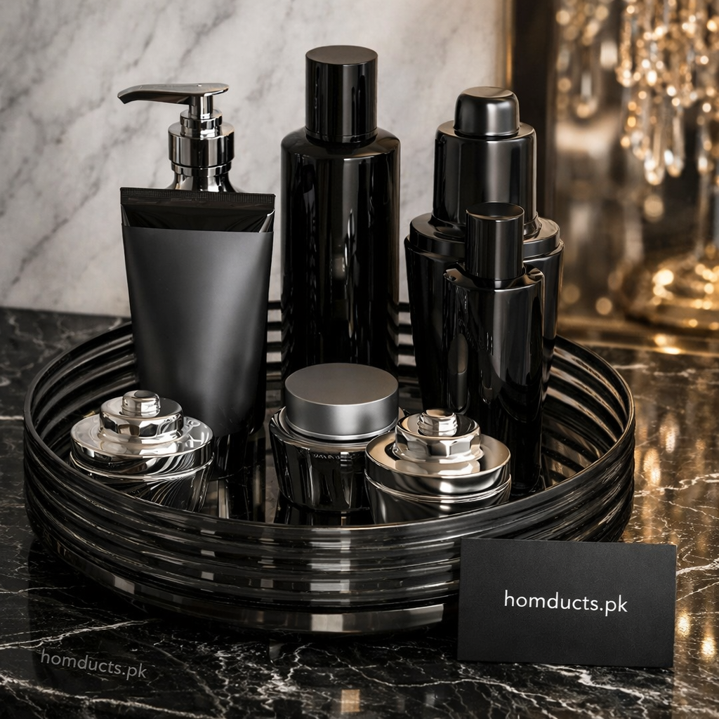 Luxury 360° Rotating Transparent Organizer Tray – Black (Premium Vanity & Countertop Storage)