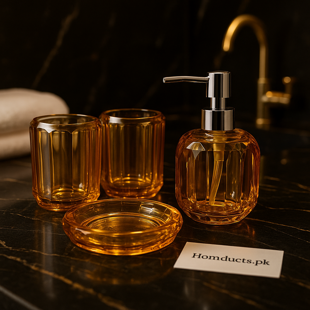 ✨ Amber Luxe 4-Piece Bathroom Accessory Set – Soap Dispenser, Tumblers & Soap Dish