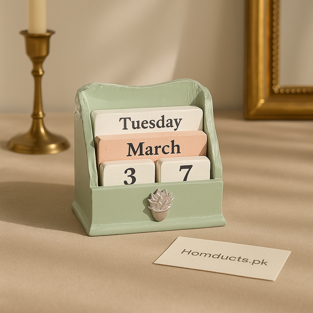 Mint Bliss Wooden Perpetual Calendar with Silver Succulent Accent