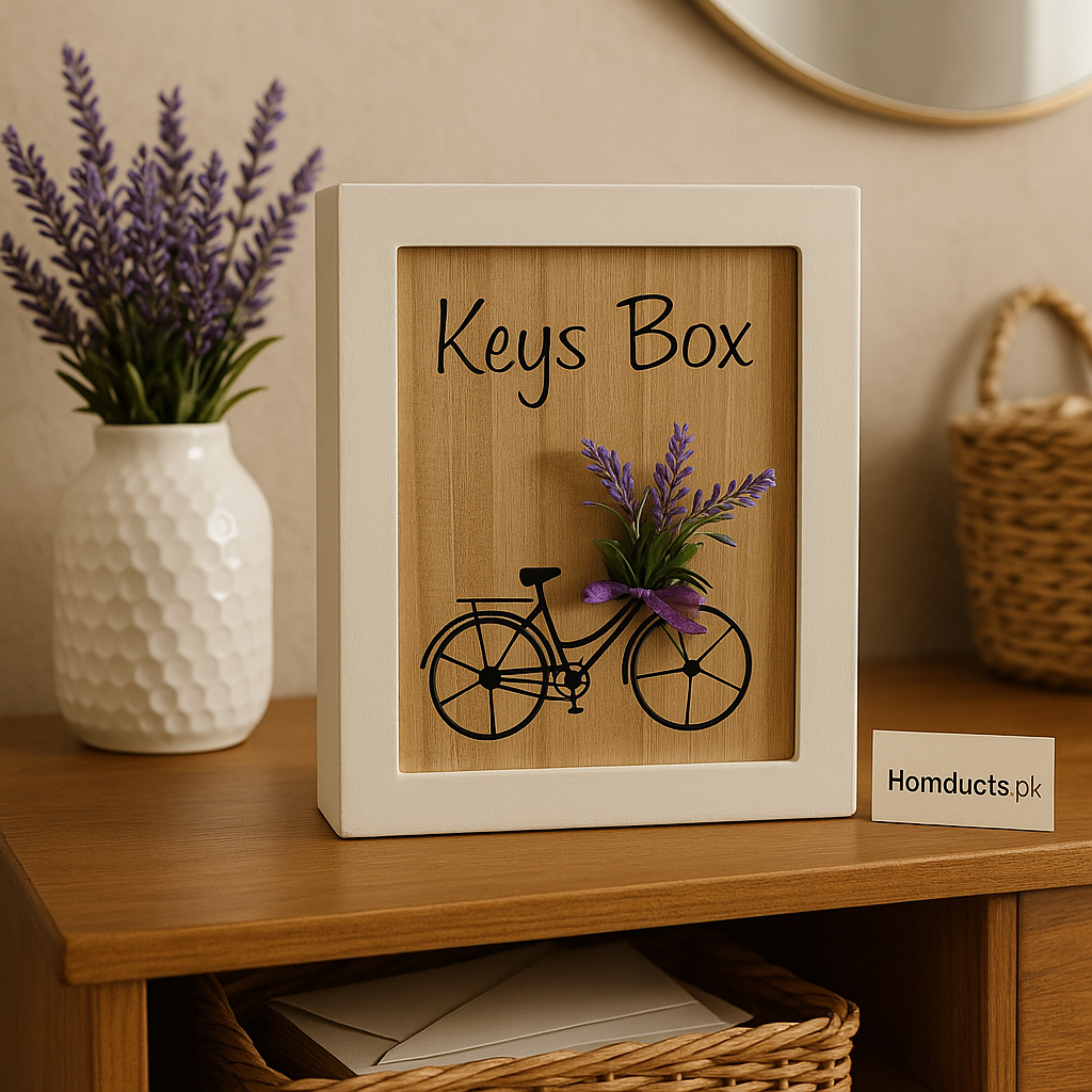 Rustic Wooden Keys Box with Bicycle & Lavender Design – Wall Mounted Key Holder