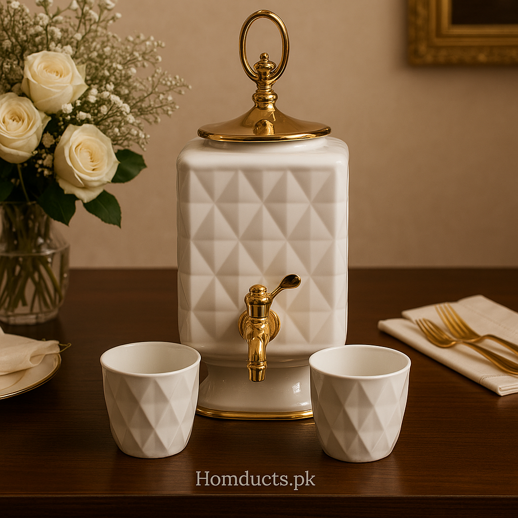 Luxury White Diamond Water Dispenser Set with 6 Glasses – Gold Edition