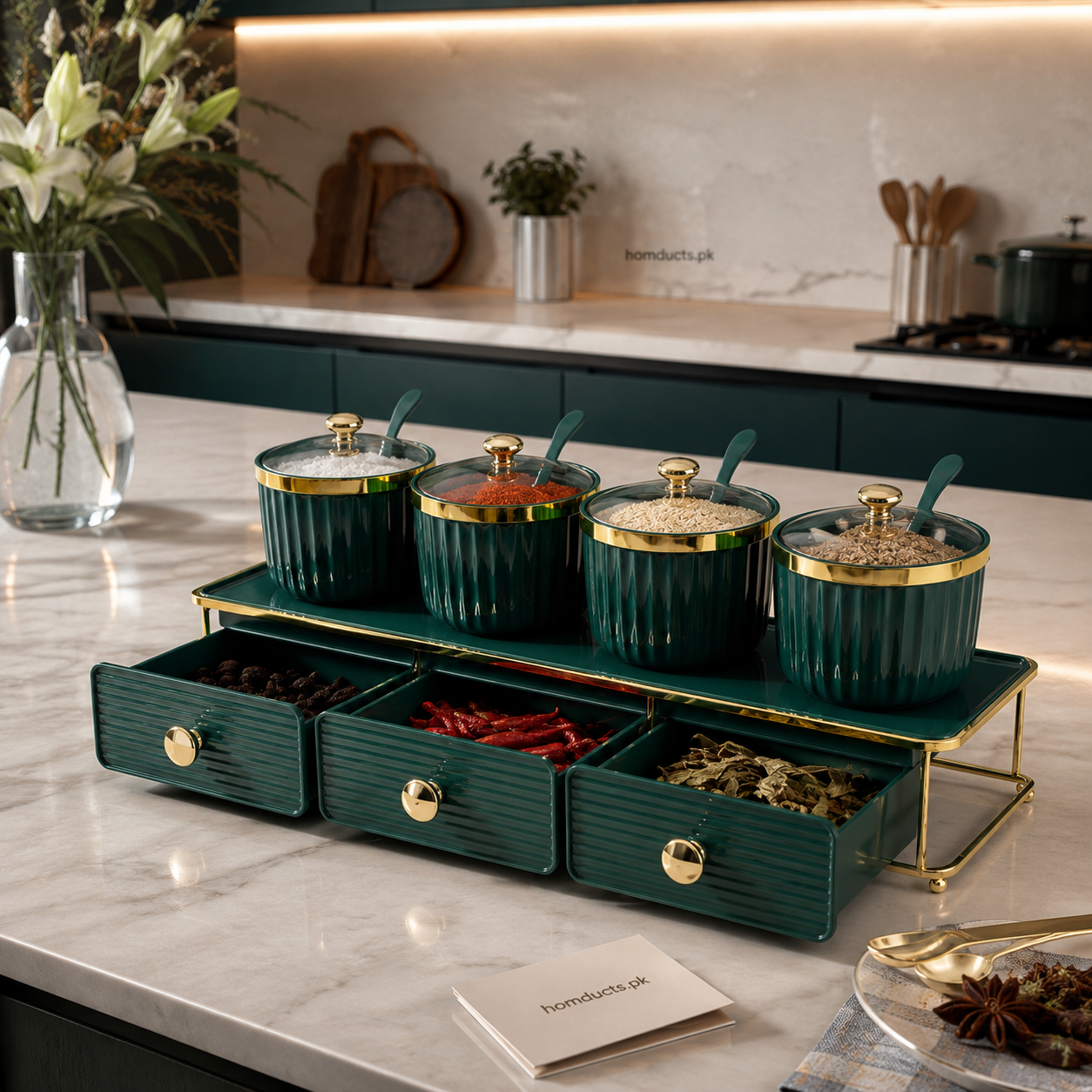 Luxury Kitchen Spice Jar Set with Storage Drawers & Gold Stand – Premium Seasoning Organizer for Modern Kitchen Countertops