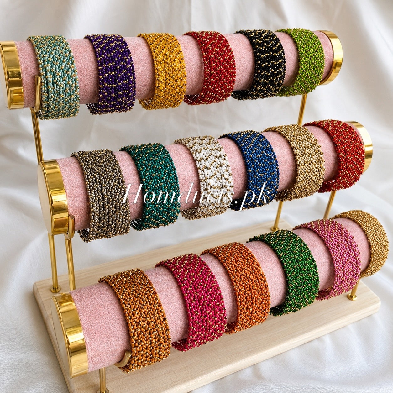 3-Tier Velvet Bracelet & Bangle Display Stand – Elegant Jewelry Organizer with Gold Accents & Wooden Base