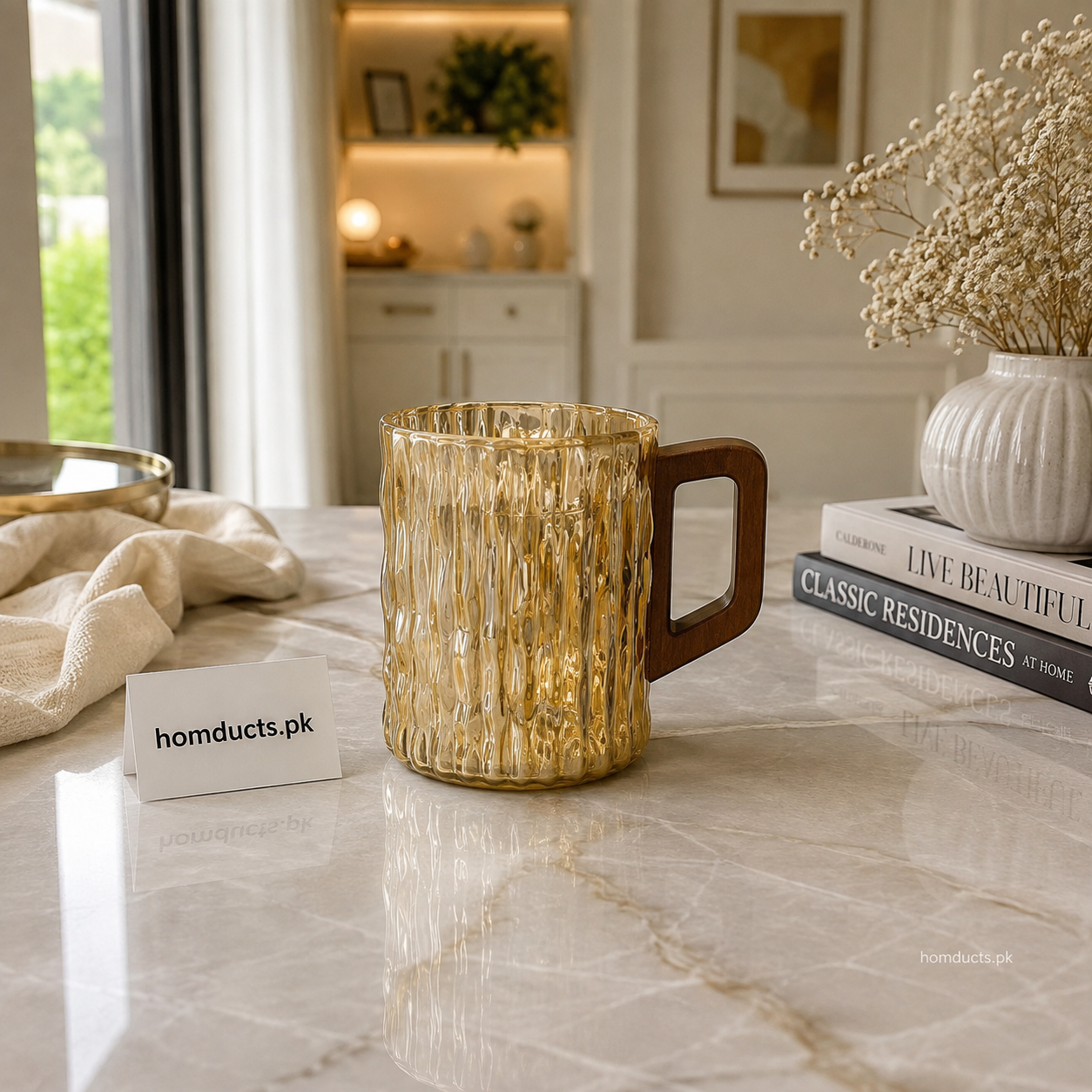 Premium Golden Ripple Glass Mug with Wooden Handle – Luxury Textured Drinking Cup