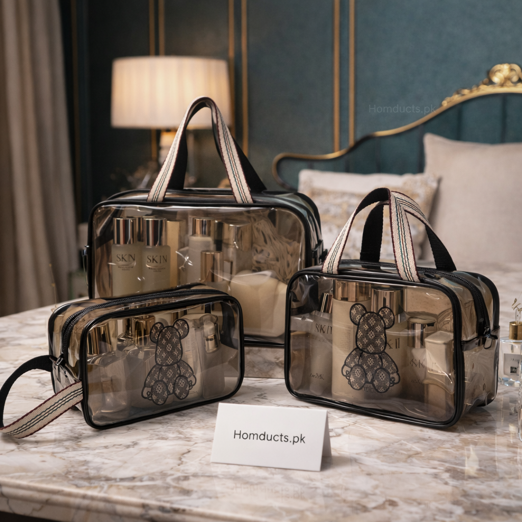 Luxury Transparent Travel Makeup Organizer Bag Set – Waterproof Cosmetic Storage Pouch (3-Piece Set)