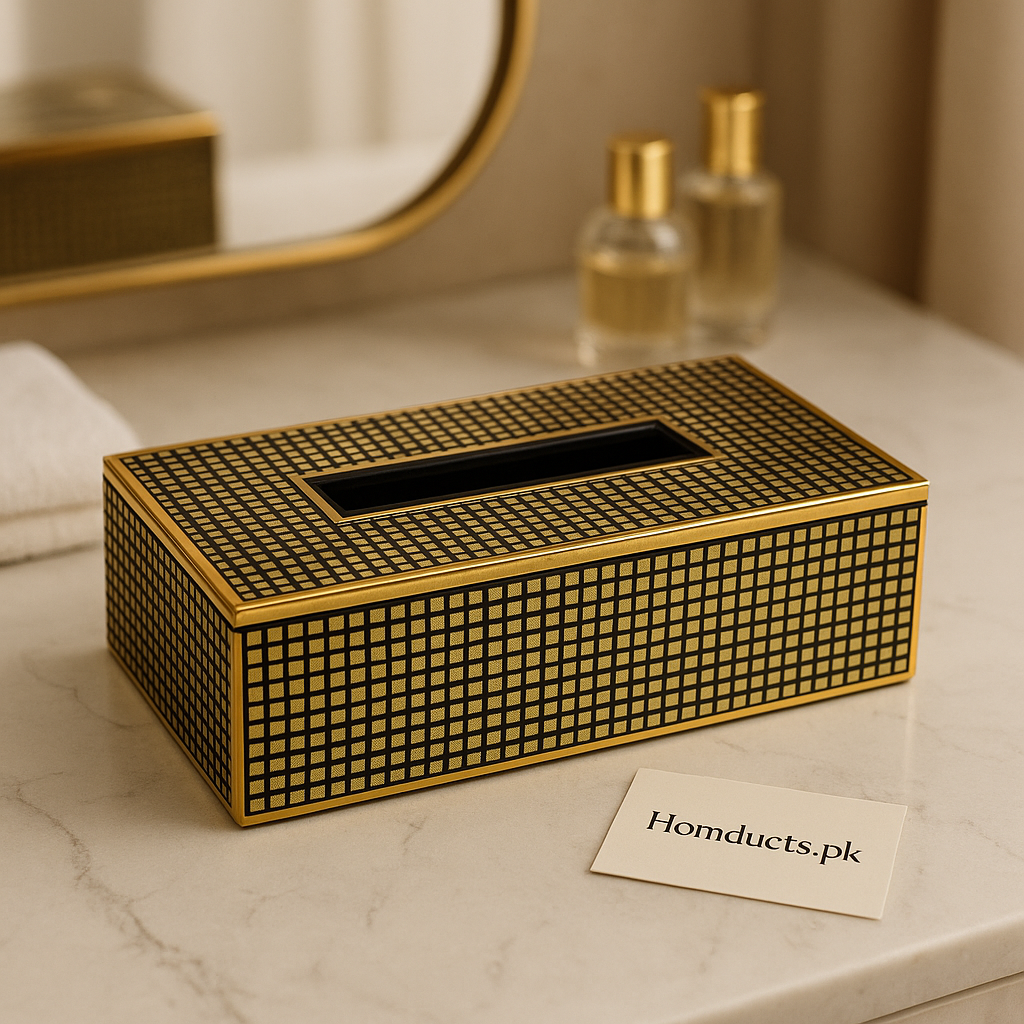 Luxury Gold Grid Tissue Box – Elegant Decorative Cover for Living Room & Office