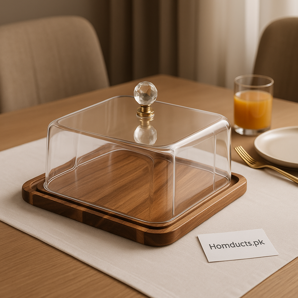 Luxury Wooden Tray with Crystal-Handle Acrylic Cover – Premium Food Display Dome