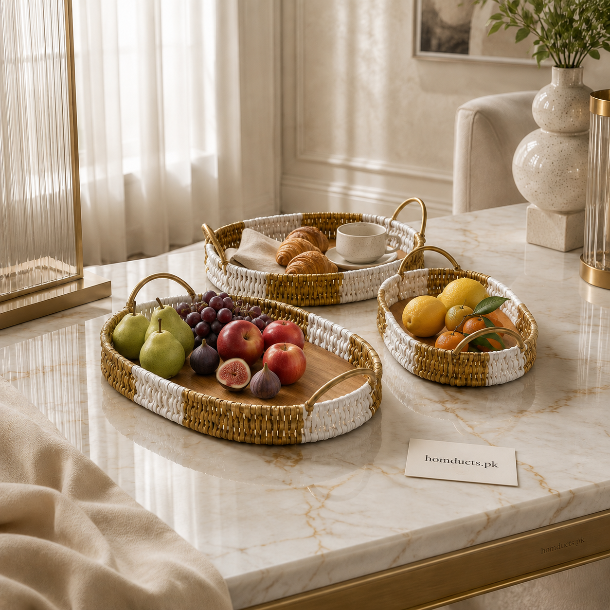 3-Piece Luxury Rattan Serving Tray Set with Handles