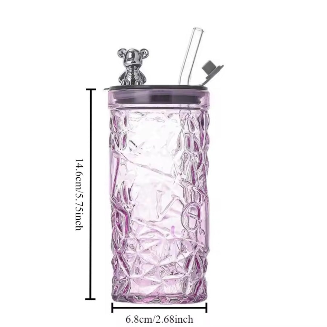 Luxury Crystal Glass Tumbler with Bear Lid & Straw – 1 Pc