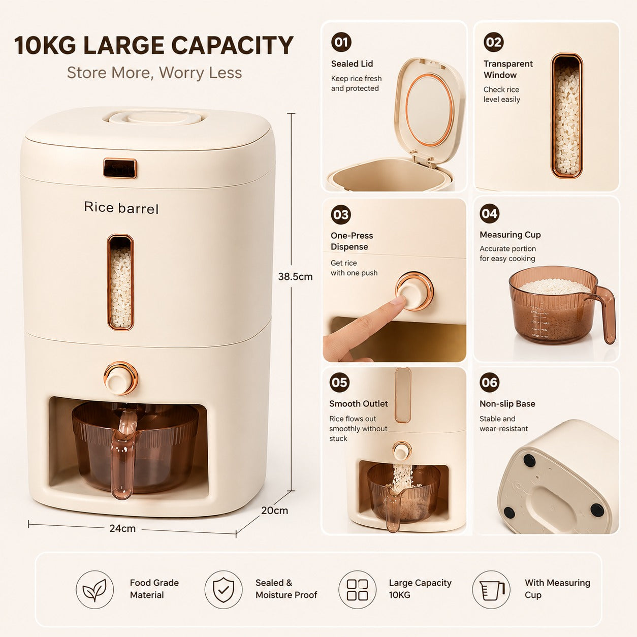 10KG Large Capacity Airtight Rice Dispenser with Measuring Cup – One-Press Kitchen Grain Storage Container