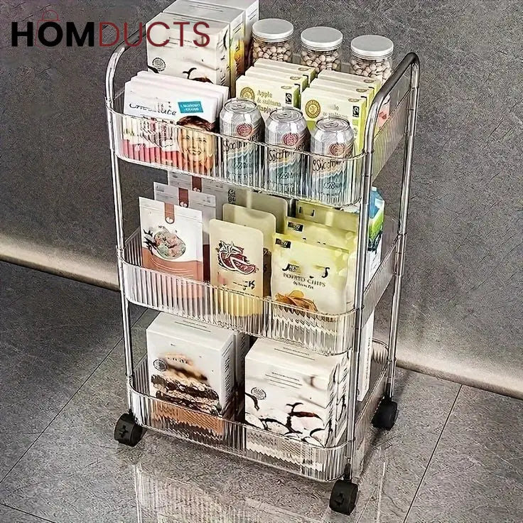 Three-tier rolling trolley filled with packets and kitchen items