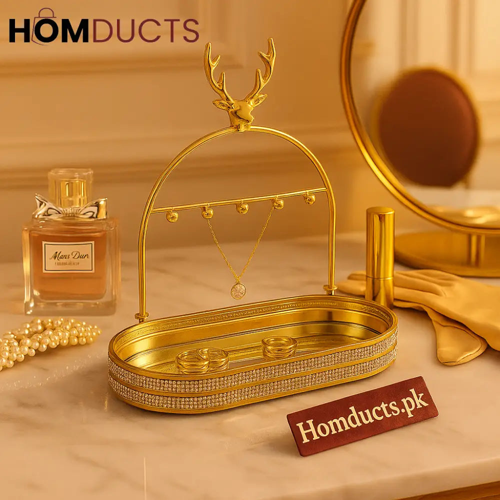 Antler Luxe Gold Jewelry Organizer – Crystal-Encrusted Vanity Tray with Necklace Stand