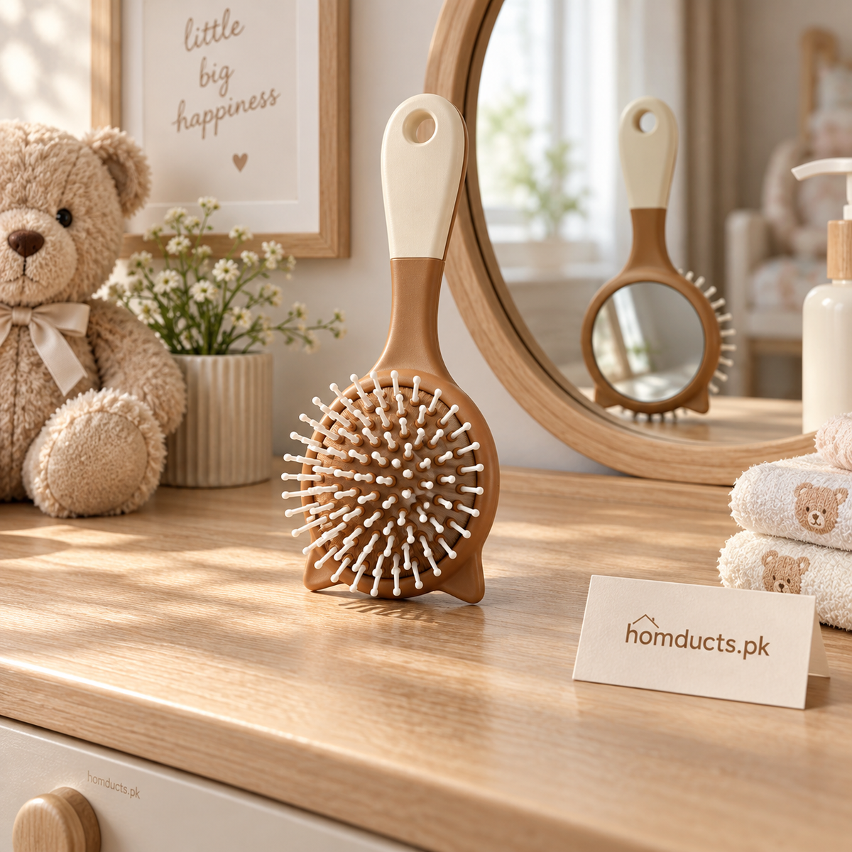 Double-sided round baby hair brush with back mirror