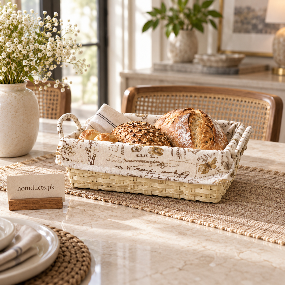 Rectangular woven bread basket with printed lining