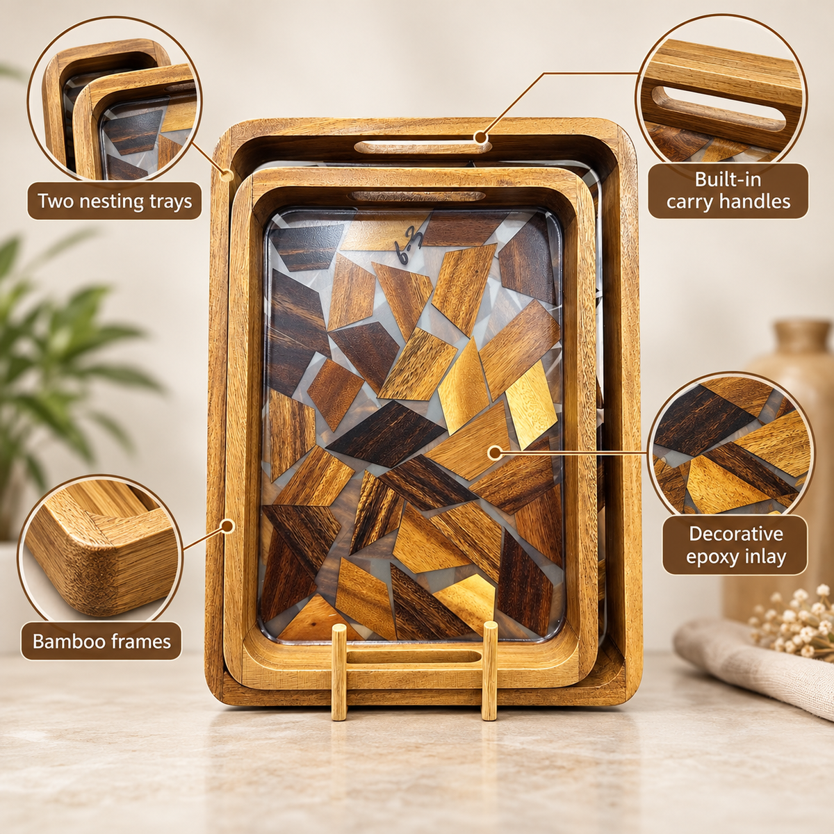 Bamboo and Epoxy Serving Tray Set – 2 Pieces feature infographic