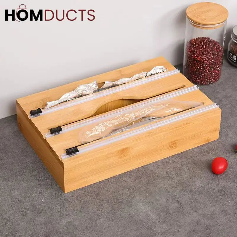 Bamboo Wrap Dispenser with Cutter – Plastic Foil & Wax Paper Organizer for Kitchen Drawer or Wall Mount