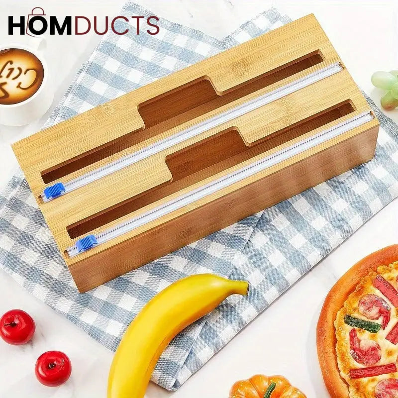 Bamboo Wrap Dispenser with Cutter – Plastic Foil & Wax Paper Organizer for Kitchen Drawer or Wall Mount Style 1