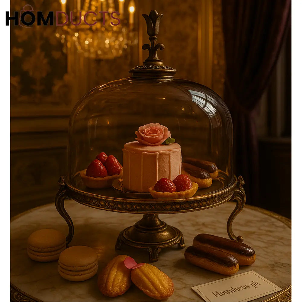 Baroque Amber Dessert Cloche with Ornate Stand – Vintage Luxury Cake Dome