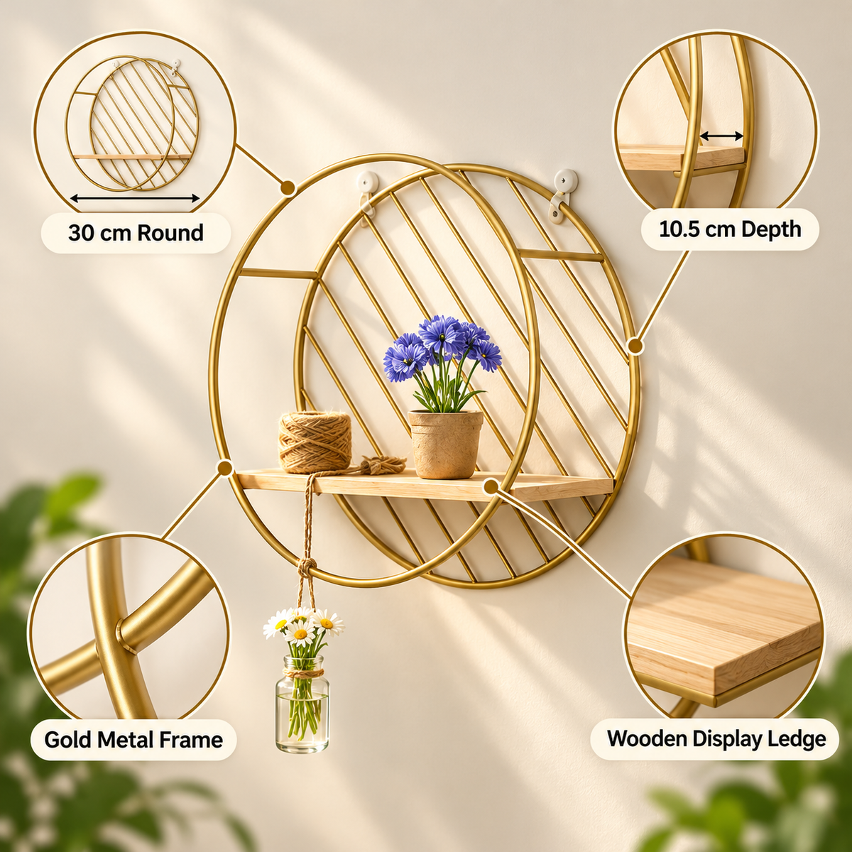 Gold Round Metal Wall Shelf with Wooden Ledge – 30cm features