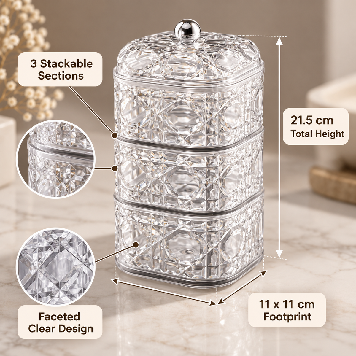 3-Tier Clear Acrylic Portion Jar with Faceted Design – 21.5cm features