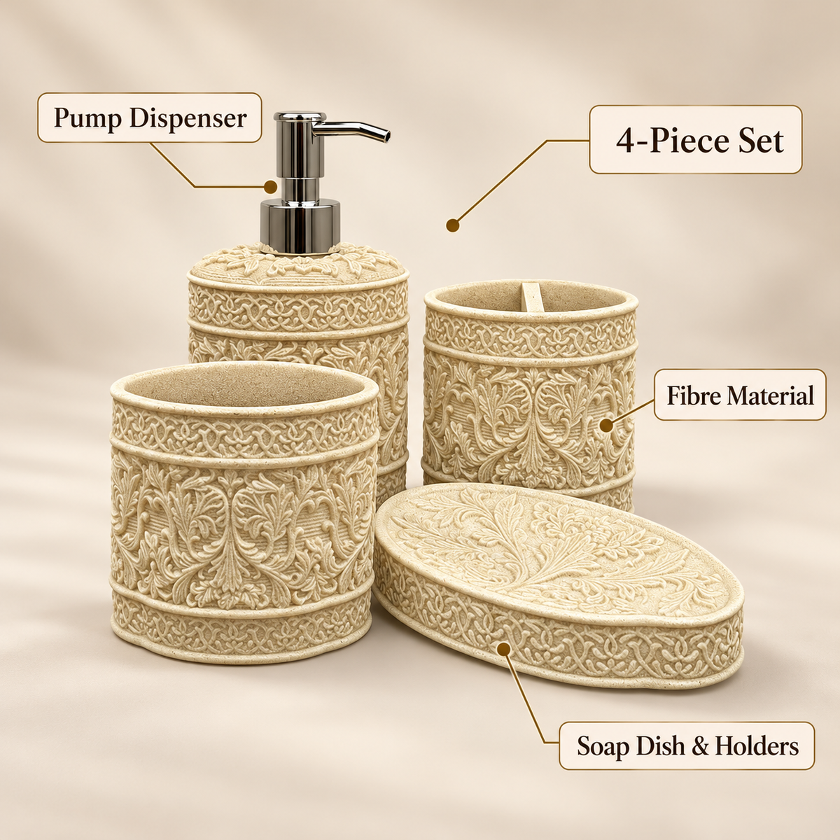 Beige Ornate four-piece fibre bathroom accessory set – features and included pieces
