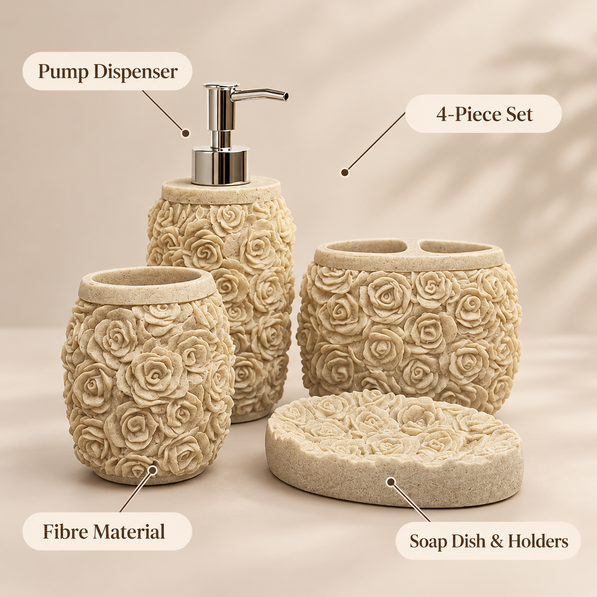 Beige Rose four-piece fibre bathroom accessory set – features and included pieces