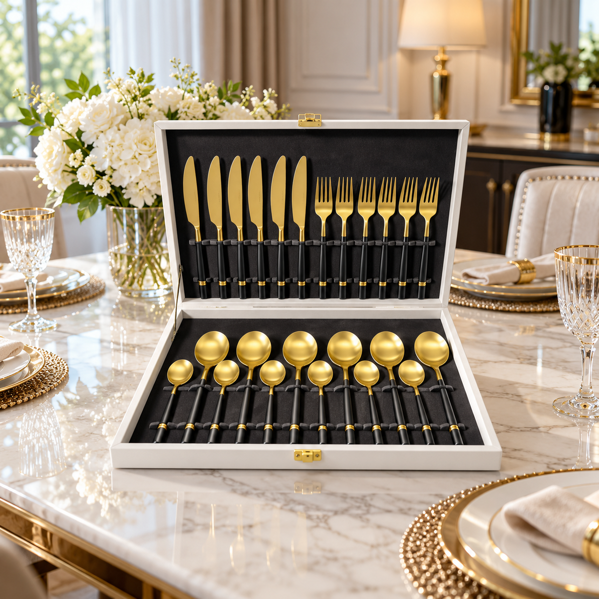 Black and gold M-ring cutlery set in presentation case