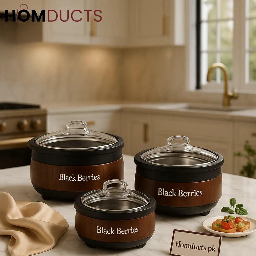Black Berries Revo Glass Top Hotpot Set – 3 Piece Premium Insulated Casserole Gift Pack
