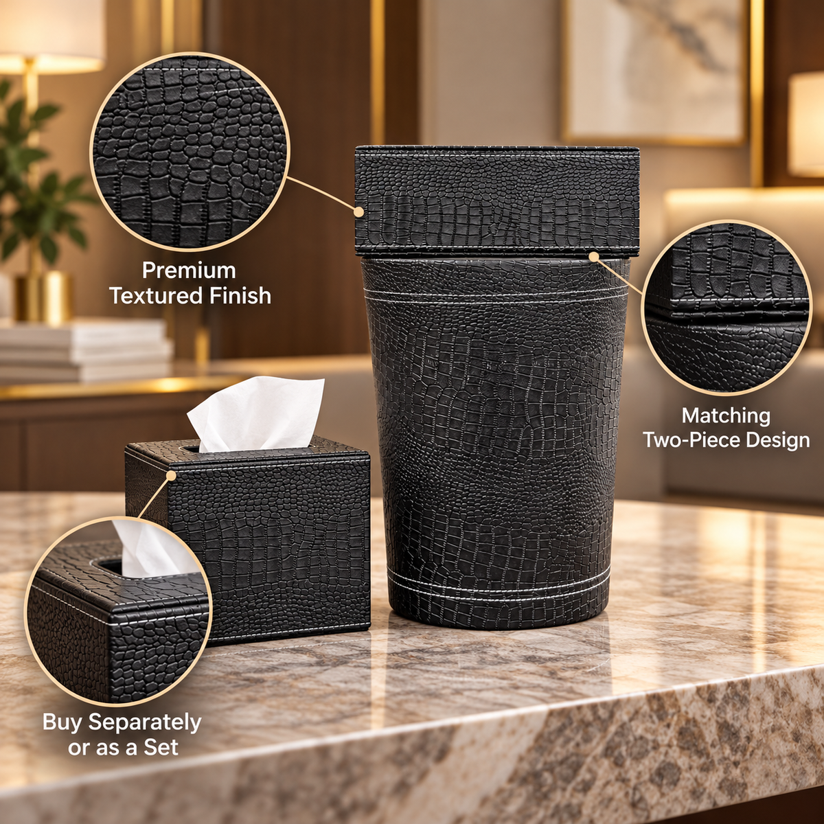 Premium Black Crocodile-Texture Tissue Box & Dustbin Set feature details