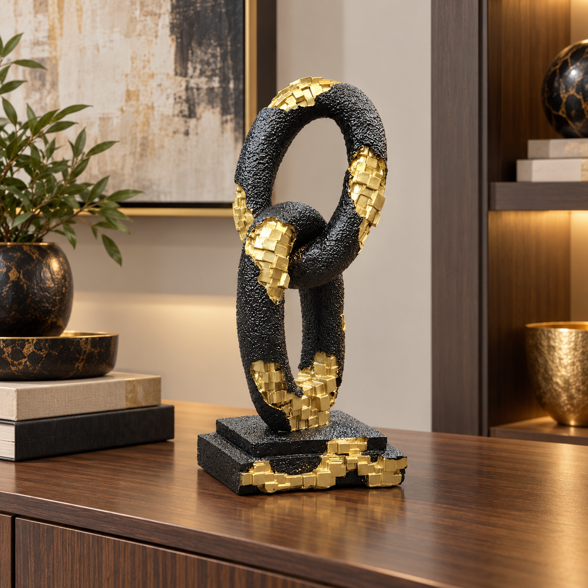 Black and gold chain link sculpture for modern table décor