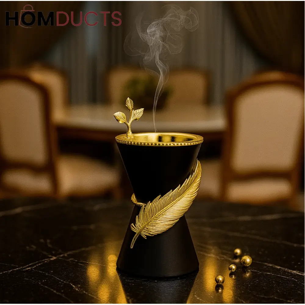 Black & Gold Luxury Incense Burner – Feather Detail Aromatherapy Holder