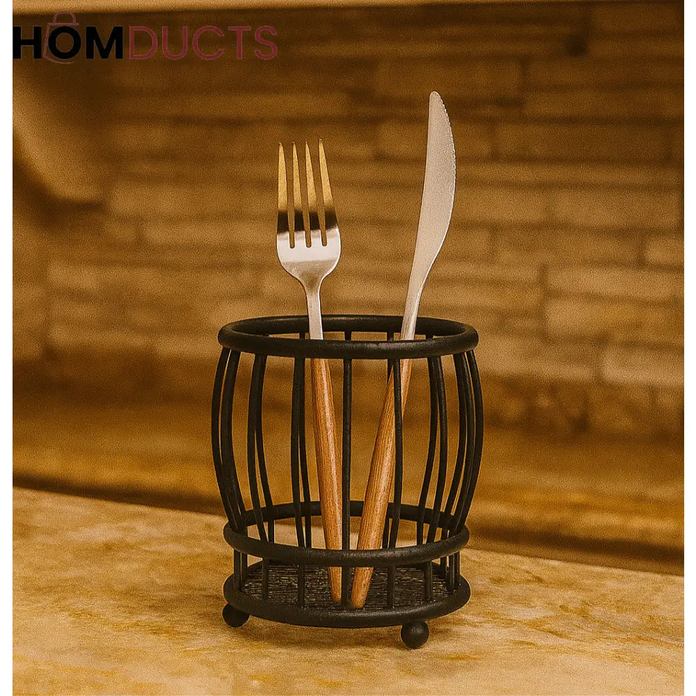 Black Metal Utensil Holder with Wooden Cutlery – Luxury Kitchen Organizer