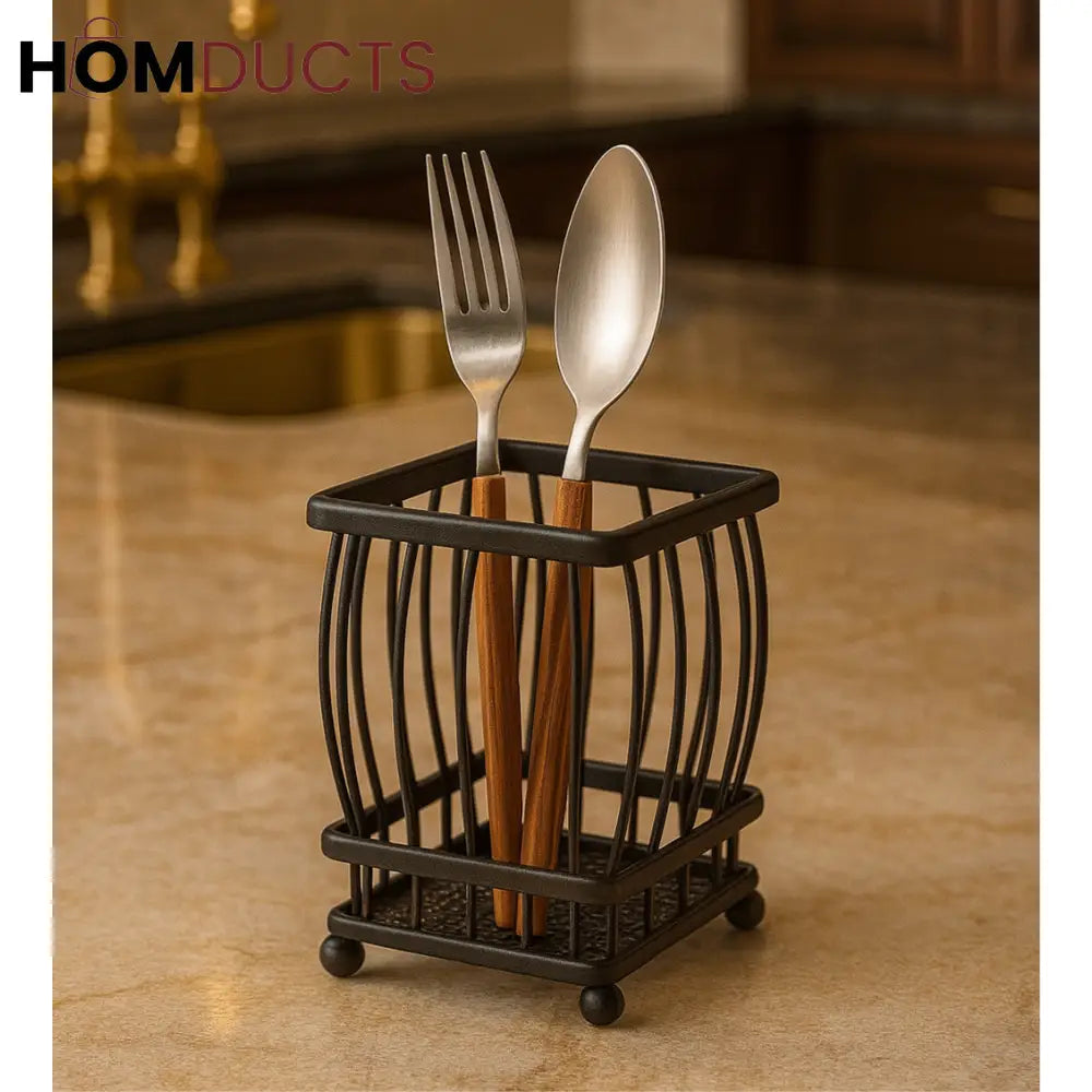 Black Metal Wire Cutlery Holder – Modern Utensil Organizer for Kitchen & Dining